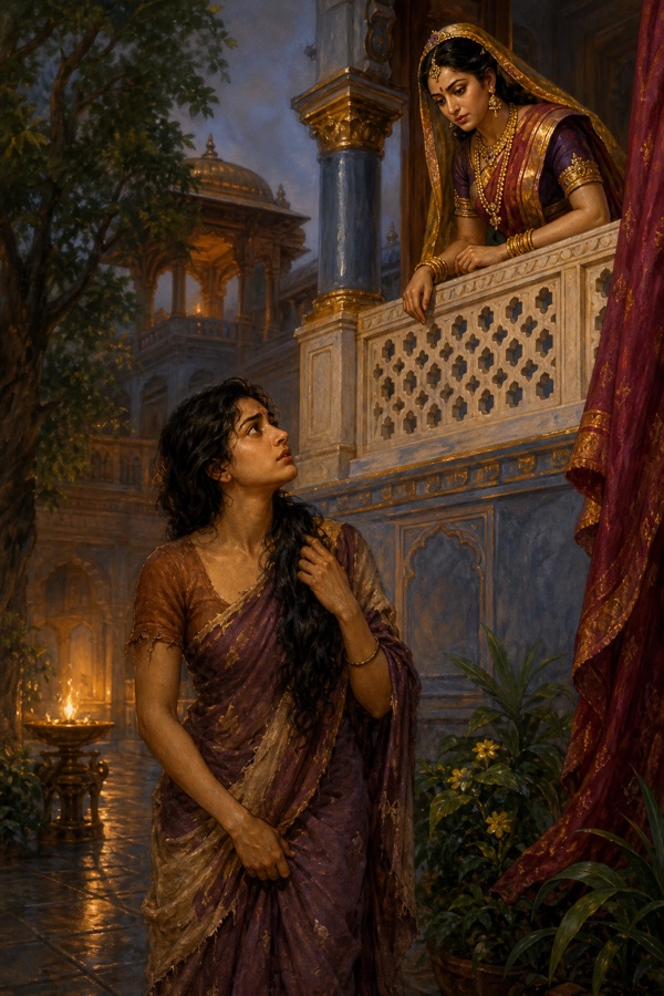 सैरंध्री बनी द्रौपदी रात में महल के आँगन से झरोखे में खड़ी रानी सुदेष्णा को निहारती हैं।