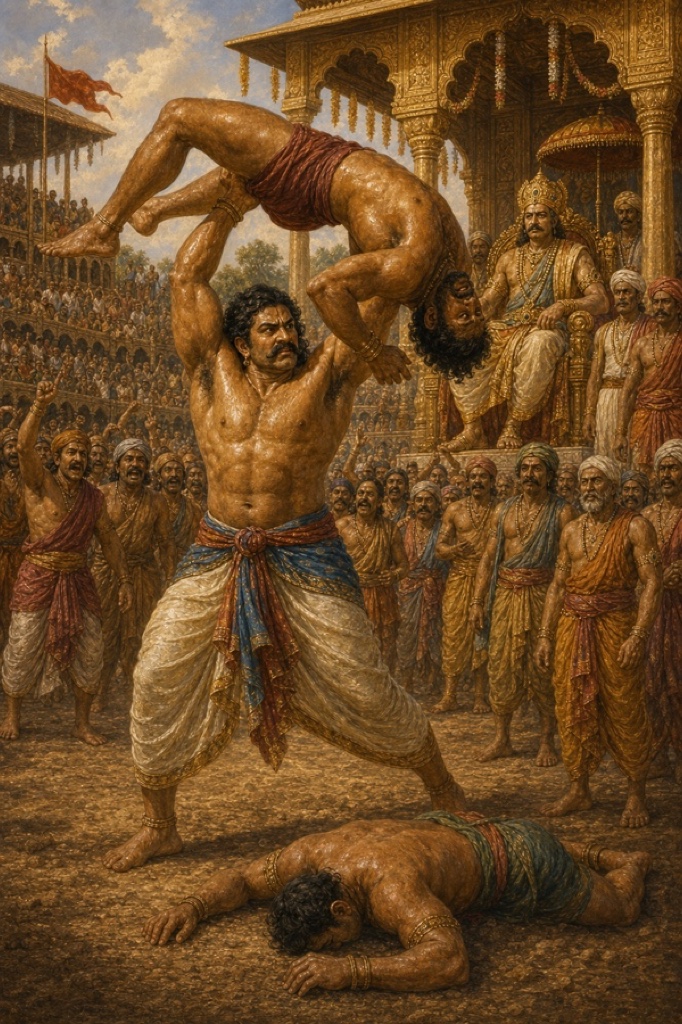 अखाड़े में बल्लव रूपी भीम पहलवान को सिर के ऊपर उठाए हैं, राजा विराट और दर्शक देखते हैं।