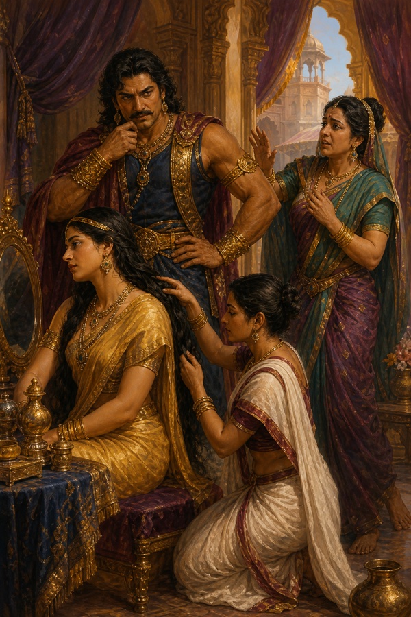 सुदेष्णा के कक्ष में कीचक बैठी रानी के केश सँवारती सैरंध्री द्रौपदी को कुदृष्टि से देखता है।