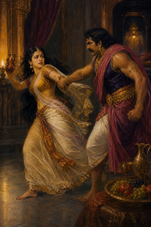 मदिरा लेने आई सैरंध्री द्रौपदी की कलाई पकड़कर कीचक बलपूर्वक अपनी ओर खींचता है।