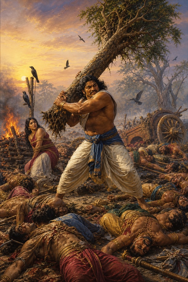 श्मशान में भीम वृक्ष उखाड़कर उपकीचकों का संहार करते हैं, पास बँधी द्रौपदी बैठी हैं।