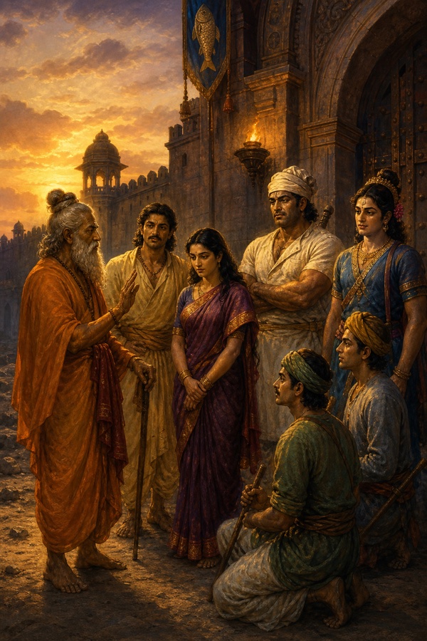 नगर द्वार के बाहर वृद्ध पुरोहित धौम्य भेष बदले पांडवों और द्रौपदी को परामर्श देते हैं।