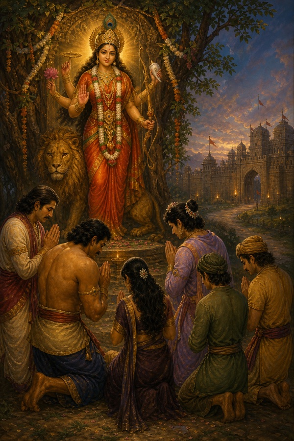 सिंह के साथ प्रकट देवी दुर्गा वन में हाथ जोड़े झुके पांडवों और द्रौपदी को आशीर्वाद देती हैं।