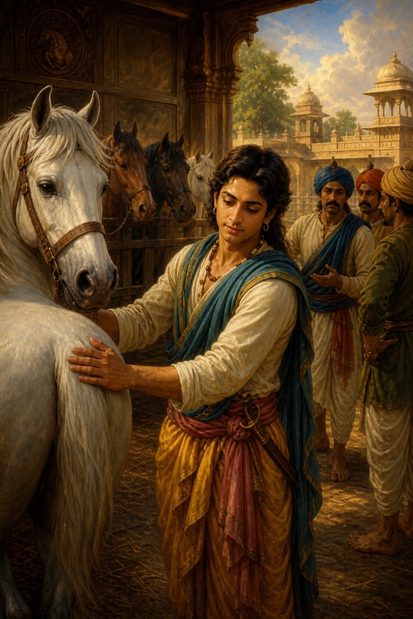 ग्रन्थिक रूप में नकुल विराट की अश्वशाला में श्वेत अश्व को सहलाते हैं, पीछे सेवक खड़े हैं।