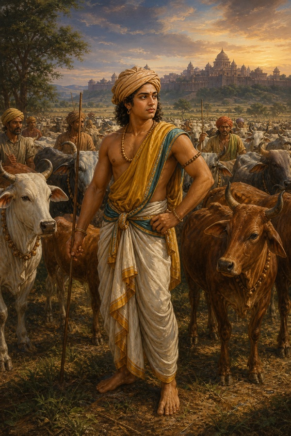 तंतिपाल रूप में सहदेव लाठी लिए विराट की गायों के विशाल झुंड के बीच खड़े हैं।