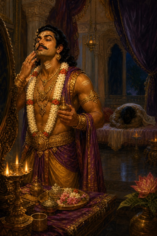 फूलमाला पहने कीचक दर्पण के सामने श्रृंगार करता है, पीछे शय्या पर कोई वस्त्र ओढ़े लेटा है।