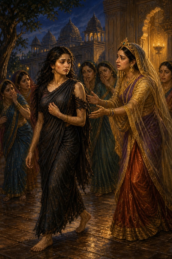 मलिन वस्त्रों में लौटी द्रौपदी को रानी सुदेष्णा हाथ बढ़ाकर सँभालती हैं, दासियाँ चिंतित खड़ी हैं।