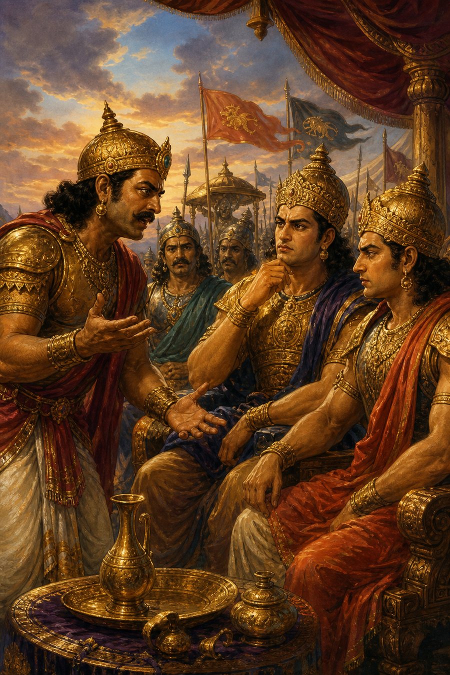 शिविर में खड़ा स्वर्ण कवचधारी राजा बैठे राजकुमारों के सामने हाथ फैलाकर गोहरण का प्रस्ताव रखता है।