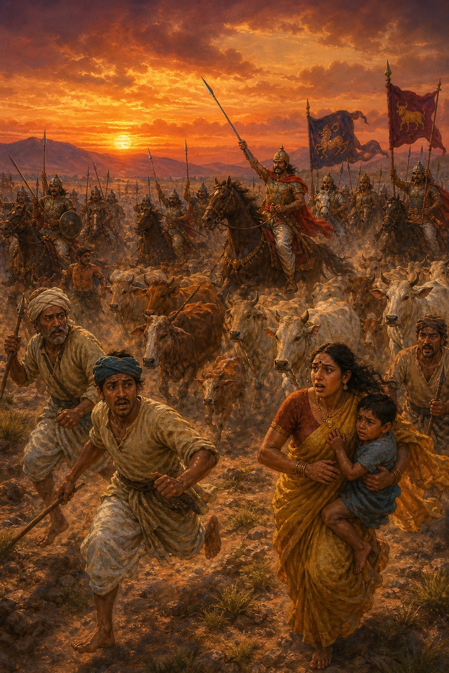 घुड़सवार सैनिक सूर्यास्त के समय गायों के झुंड को हांक ले जाते हैं, ग्वाले और स्त्री बच्चे भागते हैं।