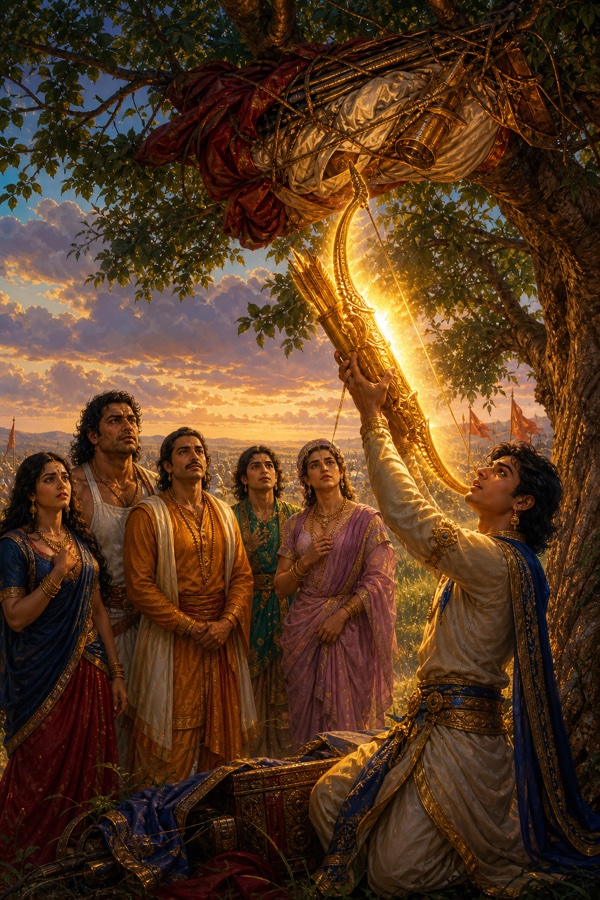 युवक शमी वृक्ष से दमकता गांडीव धनुष उतारता है, पास खड़े स्त्री पुरुष विस्मय से देखते हैं।