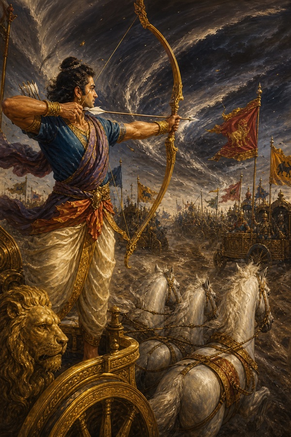 अर्जुन सिंह चिह्न वाले रथ पर खड़े होकर धनुष से बाण छोड़ते हैं, सामने कौरव सेना के ध्वज लहराते हैं।