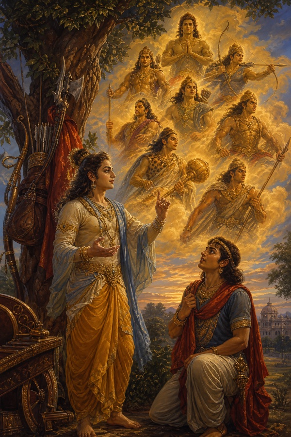 अर्जुन शमी वृक्ष के नीचे घुटने टेके उत्तर को अपना परिचय देते हैं, आकाश में दिव्य योद्धा रूप दिखते हैं।