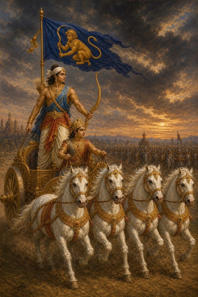 अर्जुन कपिध्वज रथ पर धनुष लिए खड़े हैं, उत्तर सारथी बनकर चार श्वेत घोड़ों की रास थामे हैं।