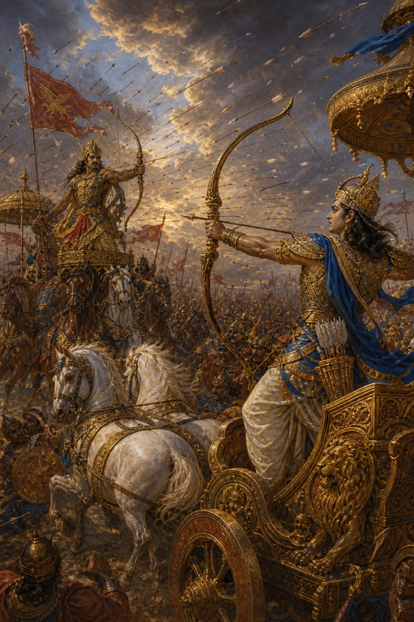अर्जुन अपने रथ से सामने खड़े प्रतिद्वंद्वी रथी पर बाण साधते हैं, आकाश बाणों की बौछार से भरा है।