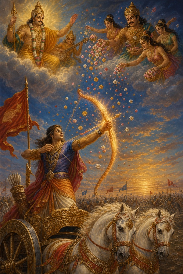 देवता आकाश से पुष्प बरसाते हैं, अर्जुन रथ पर से दमकते धनुष का बाण छोड़ते हैं।