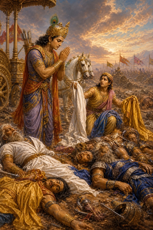 अर्जुन हाथ जोड़े खड़े हैं, उत्तर रणभूमि में मूर्छित पड़े कौरव वीरों के वस्त्र समेटते हैं।