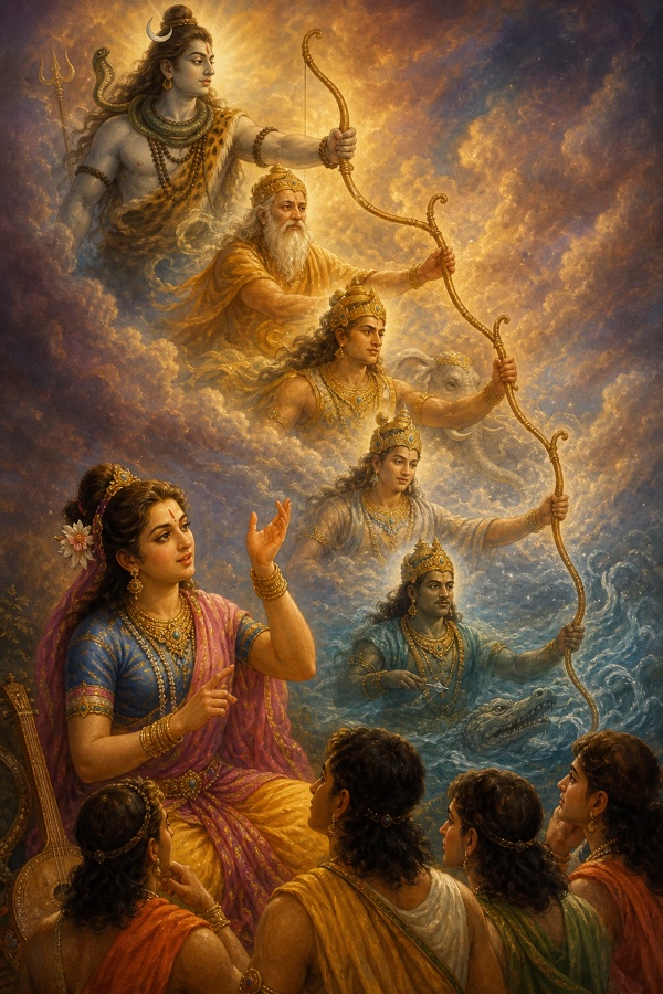 Brihannala recounting the Gandiva's divine lineage as Shiva, Prajapati, Indra, Soma and Varuna successively wielded the great bow.