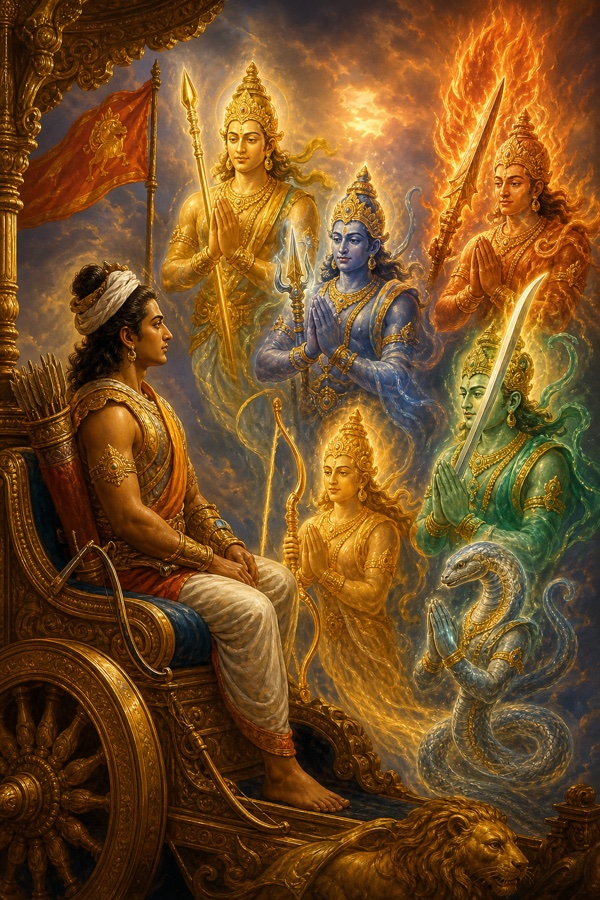 Arjuna seated on the chariot, hair bound in white cloth, as his luminous personified weapons appear and salute him.