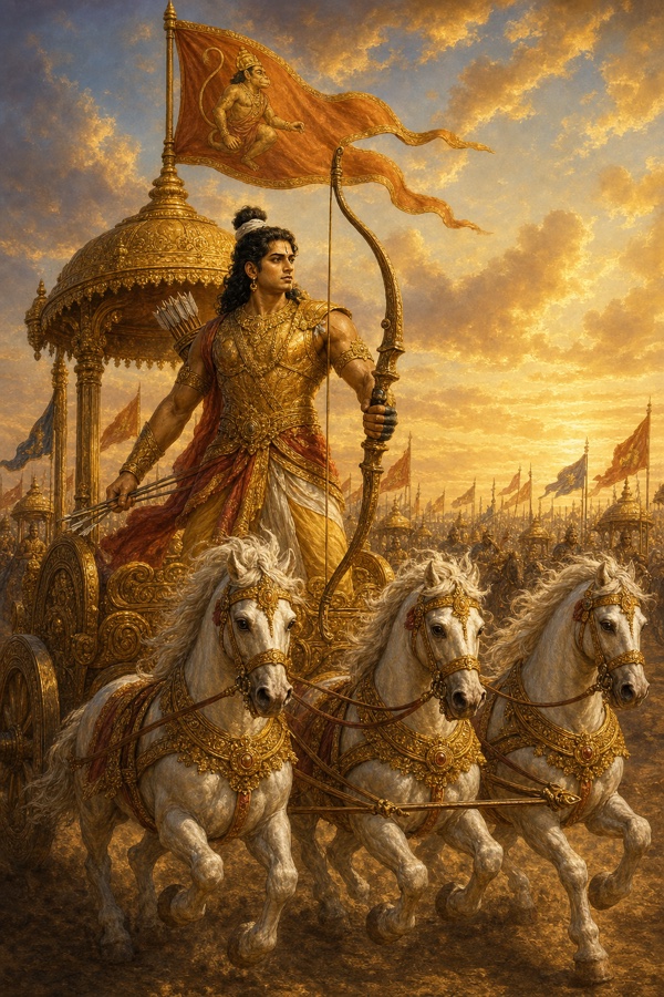 Arjuna blasting his conch so loud the chariot horses buckle to their knees and Uttara cowers.