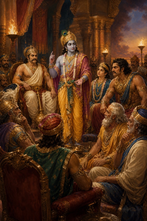 कृष्ण राजाओं से भरी सभा में खड़े होकर हाथ उठाकर पांडवों का पक्ष रखते हैं।