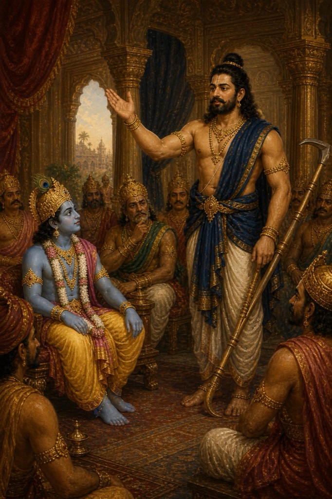 बलराम हल थामे सभा में खड़े होकर अपना मत रखते हैं, कृष्ण पास बैठे सुनते हैं।