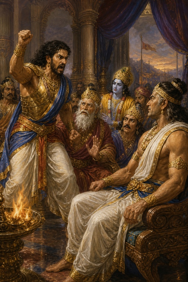 सत्यकि क्रोध में मुट्ठी तानकर सभा में बोलते हैं, वृद्ध राजा हाथ उठाकर उन्हें शांत करते हैं।