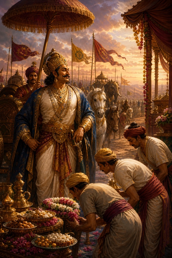 मार्ग के स्वागत शिविर में राजा शल्य छत्र तले खड़े थालों को निहारते हैं, सेवक झुककर सामग्री सजाते हैं।
