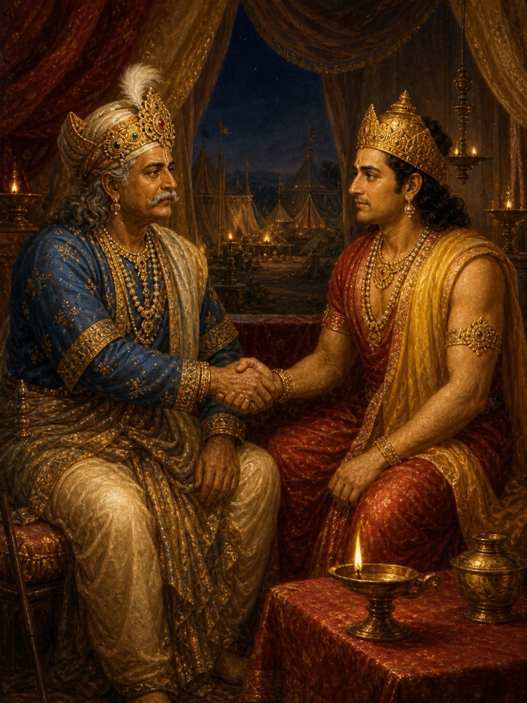राजा शल्य रात के शिविर में युवा नरेश का हाथ थामकर वचन निभाने का आश्वासन देते हैं।