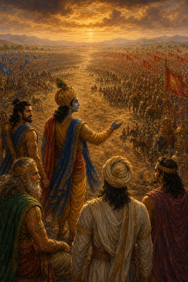 कृष्ण ऊंचे स्थान से मैदान में जुट रही दो सेनाओं की ओर संकेत करते हैं, राजा साथ खड़े हैं।