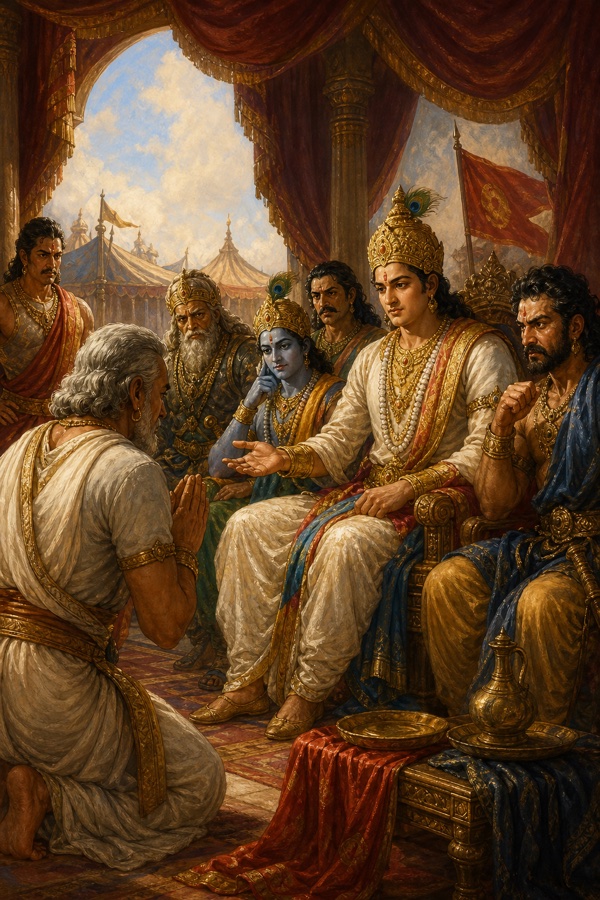 संजय धृतराष्ट्र का संदेश लेकर युधिष्ठिर के सामने हाथ जोड़े बैठे हैं, कृष्ण पास विचारमग्न बैठे हैं।
