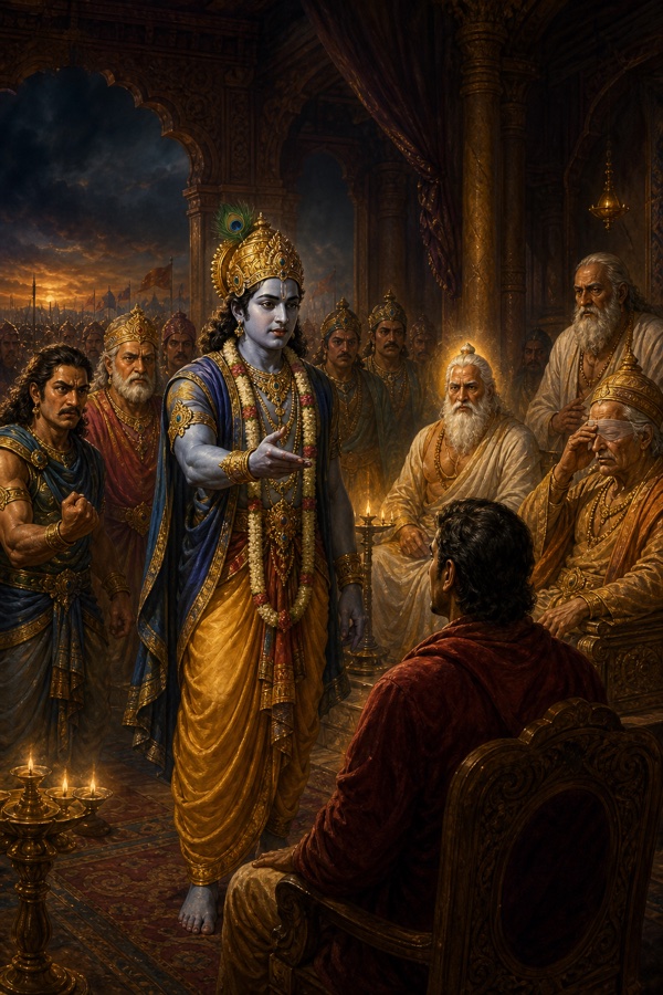 कृष्ण दीप जली सभा में हाथ बढ़ाकर संजय को शांति का उत्तर सुनाते हैं, वृद्ध ऋषि सुनते हैं।