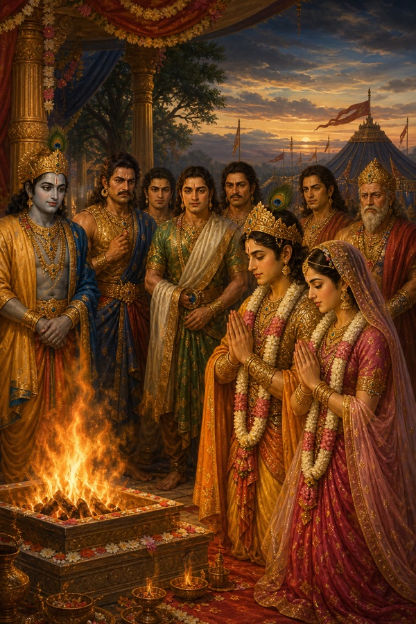 अभिमन्यु और उत्तरा विवाह की अग्नि के सामने हाथ जोड़े खड़े हैं, कृष्ण और पांडव साथ खड़े हैं।