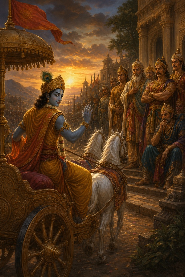 कृष्ण रथ पर बैठकर विदा में हाथ उठाते हैं, राजा और राजकुमार सीढ़ियों पर खड़े उन्हें देखते हैं।