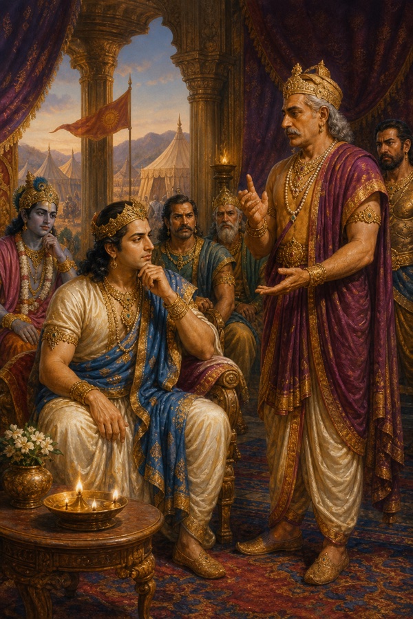 राजा शल्य शिविर में खड़े होकर विचारमग्न युधिष्ठिर से बात करते हैं, कृष्ण पास बैठे सुनते हैं।