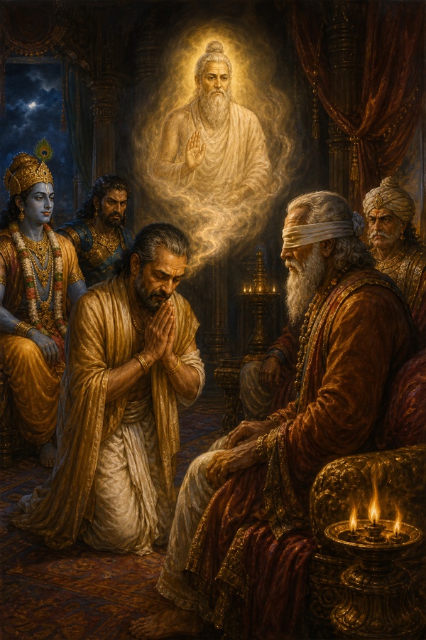 विदुर हाथ जोड़कर ध्यान करते हैं और ऋषि सनत्सुजात प्रकाश रूप में प्रकट होते हैं, धृतराष्ट्र सामने बैठे हैं।