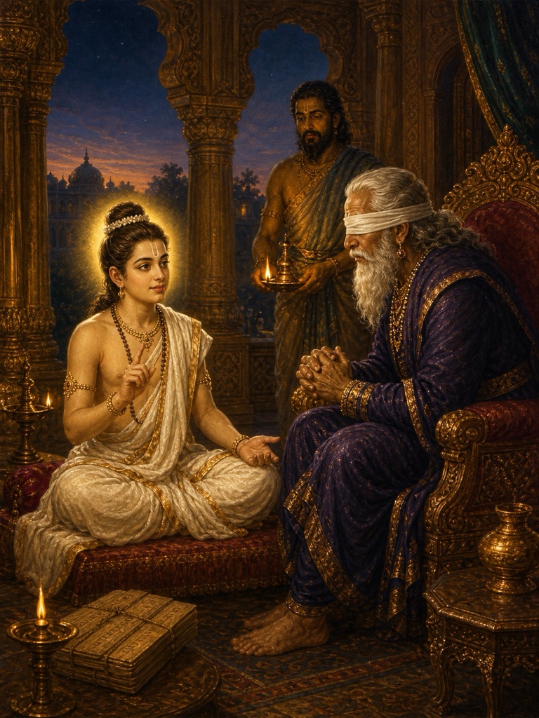 सनत्सुजात आसन पर बैठकर धृतराष्ट्र को मृत्यु और अमरत्व का रहस्य समझाते हैं, सेवक दीप लिए खड़ा है।