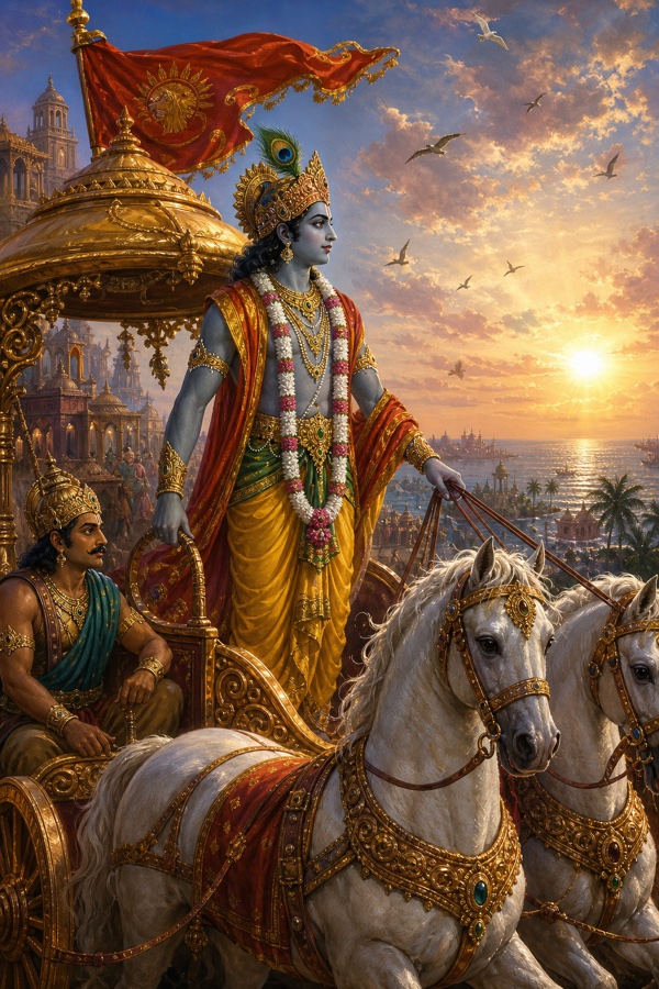 कृष्ण समुद्र किनारे बसी द्वारका के पास स्वर्ण रथ पर खड़े हैं, सारथी श्वेत घोड़ों की रास थामे है।