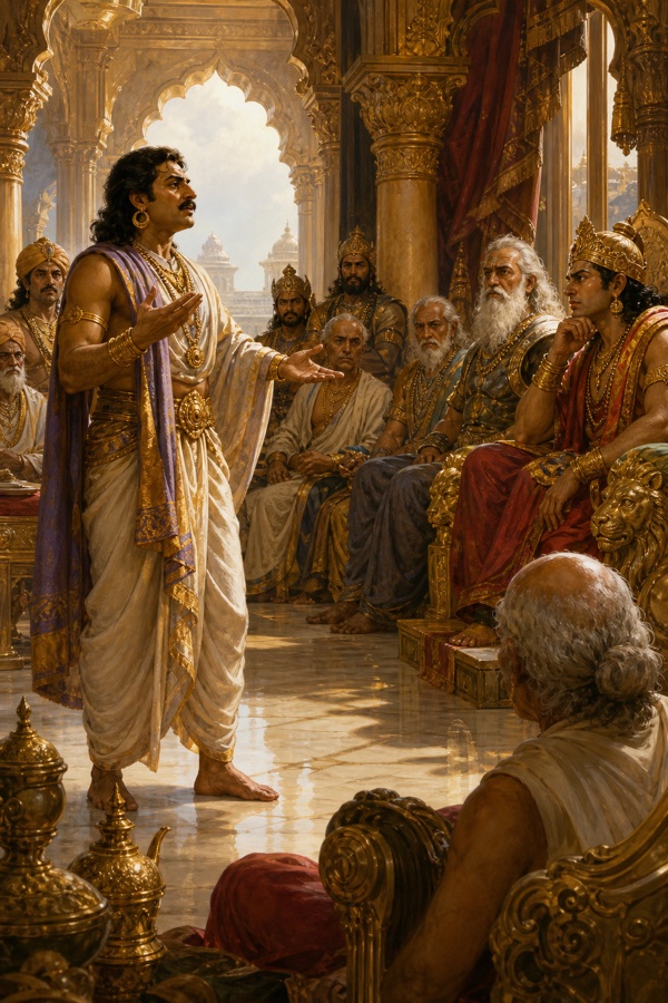 स्वर्णिम राजसभा में एक राजकुमार हाथ बढ़ाकर बैठे हुए राजाओं और वृद्ध सभासदों के सामने अपनी बात रखता है।
