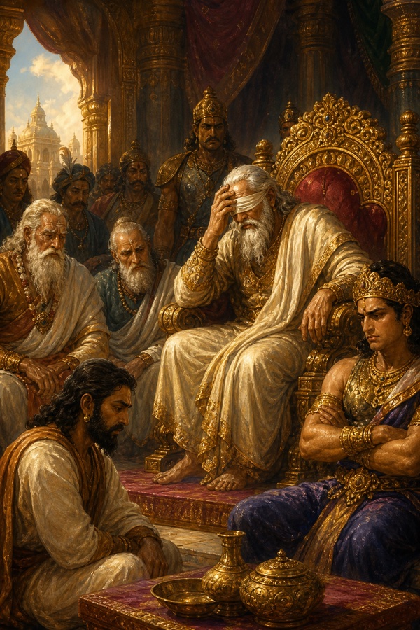 आँखों पर पट्टी बाँधे धृतराष्ट्र सिंहासन पर माथा थामे बैठे हैं, पास दुर्योधन बाँहें मोड़े बैठा है।
