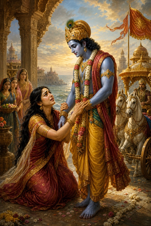 विदा के समय द्रौपदी रोते हुए कृष्ण का हाथ थामकर अपनी वेदना कहती हैं, पीछे रथ खड़ा है।