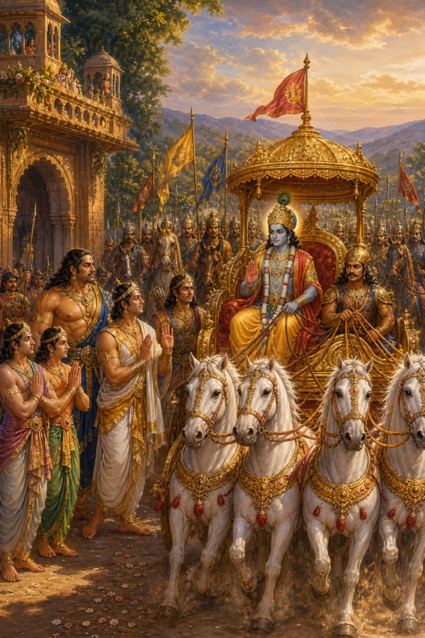 श्वेत अश्वों वाले स्वर्ण रथ पर बैठे कृष्ण विदा लेते हैं, पांडव हाथ जोड़े प्रणाम करते हैं।