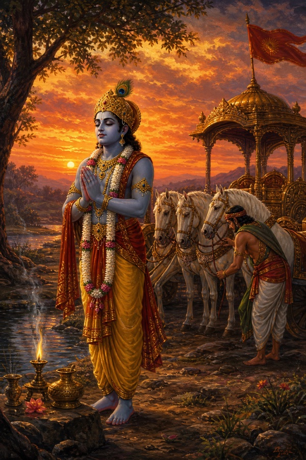संध्या समय कृष्ण नदी किनारे हाथ जोड़े खड़े हैं, पीछे सारथी रथ के श्वेत घोड़े सँभालता है।