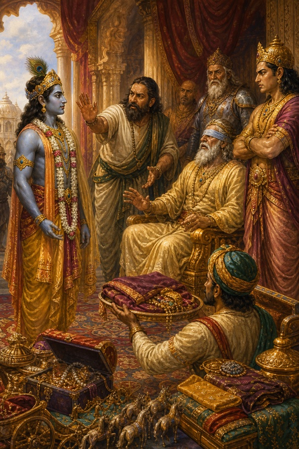 सभा में कृष्ण के आगे रत्नों और उपहारों के ढेर रखे हैं, धृतराष्ट्र हाथ फैलाए आग्रह करते हैं।