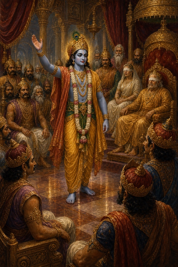 भरी कौरव सभा में कृष्ण हाथ उठाकर शांति का प्रस्ताव रखते हैं, धृतराष्ट्र और गांधारी बैठे सुनते हैं।