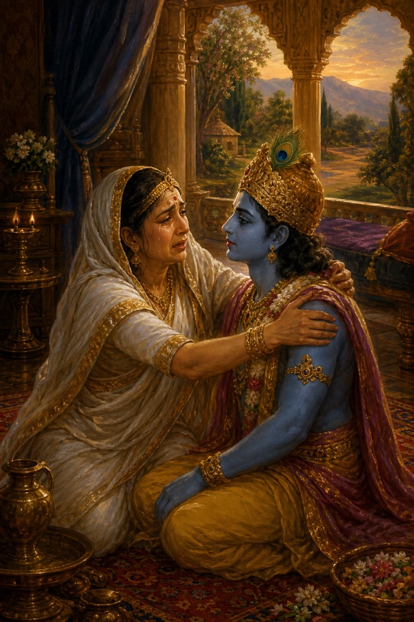 कुंती रोते हुए कृष्ण के कंधे थामकर अपनी व्यथा कहती हैं, खिड़की से साँझ का प्रकाश आता है।