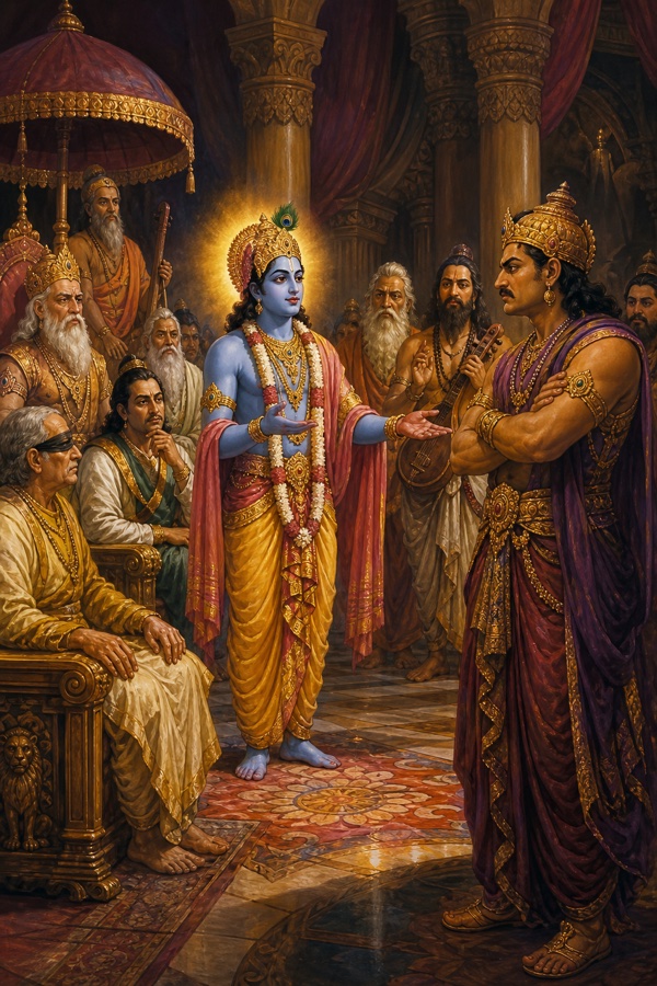 सभा में कृष्ण दोनों हथेलियाँ फैलाकर दुर्योधन को समझाते हैं, वह बाँहें मोड़े क्रोध से खड़ा है।
