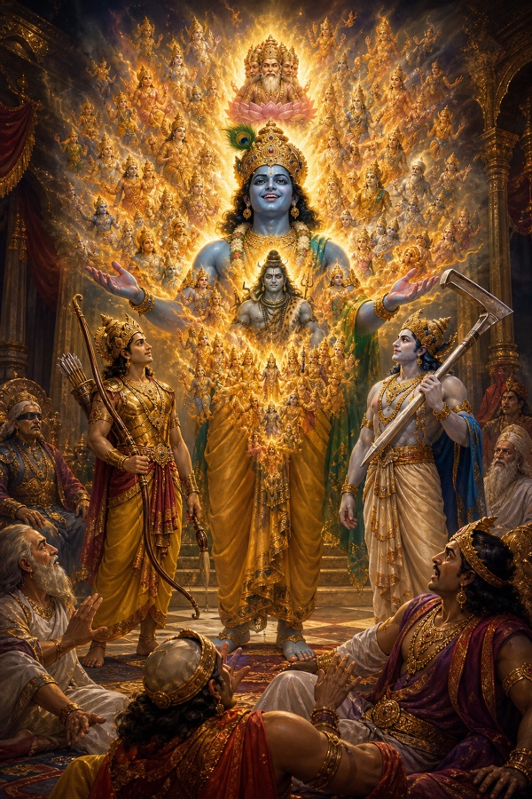 सभा के बीच कृष्ण का विराट रूप प्रकट होता है, तेज में असंख्य देवता झलकते हैं।