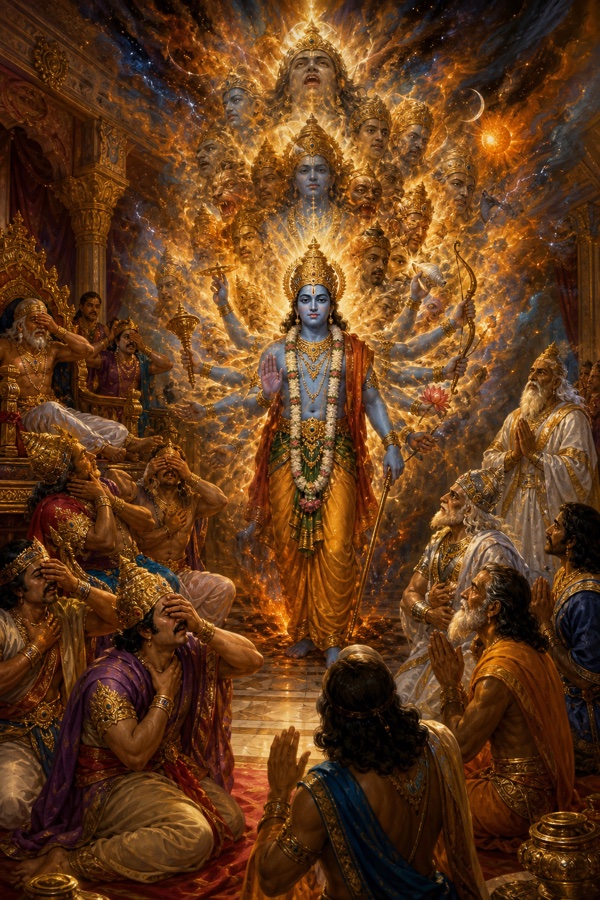 विराट रूप में अनेक भुजाओं और मुखों वाले कृष्ण से तेज फूटता है, सभासद आँखें ढँककर झुक जाते हैं।