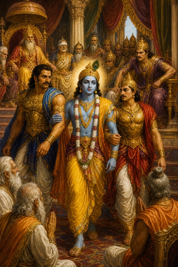 दुर्योधन के संकेत पर योद्धा सभा के बीच कृष्ण की भुजाएँ पकड़ते हैं, वृद्ध सभासद हाथ जोड़े देखते हैं।