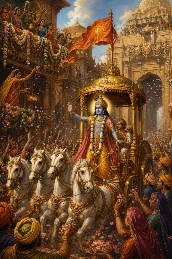 सजे नगर की भीड़ फूल बरसाती है, रथ पर खड़े कृष्ण हाथ उठाकर सबका अभिवादन करते हैं।